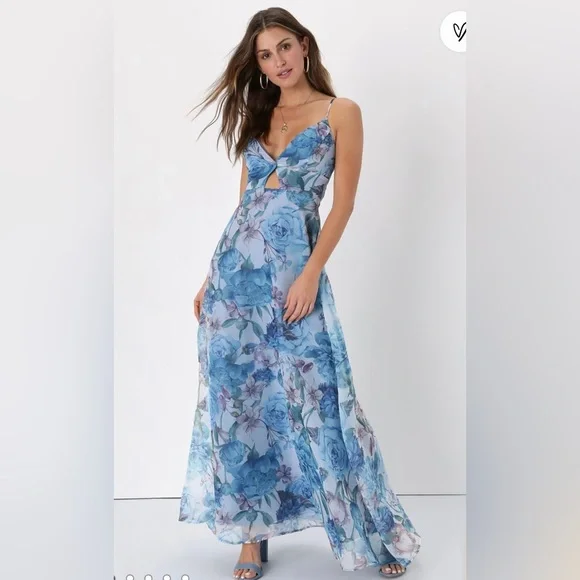 Lulus Dresses Enchanting Entrance Blue Floral Organza Keyhole